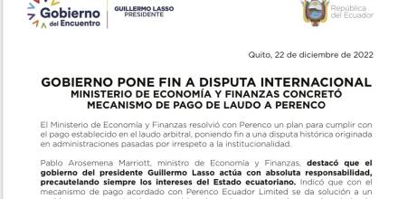 Ecuador concreta el mecanismo de pago de laudo a Perenco