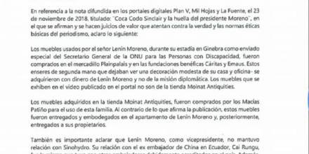 Offshore pagó por muebles enviados a la casa de Lenín Moreno en Ginebra