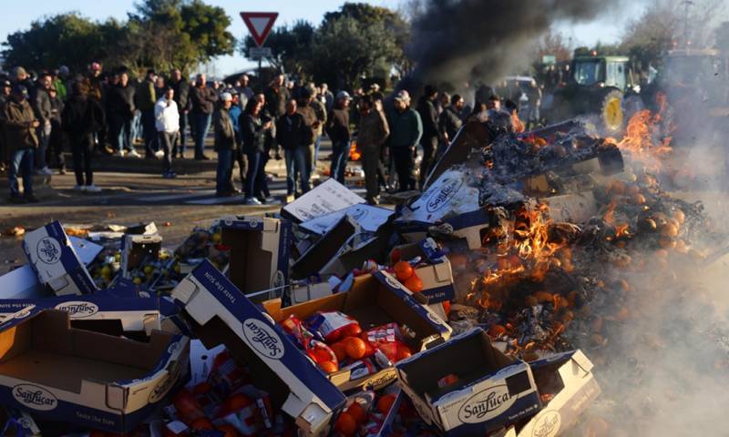 Agricultores franceses quemaron frutas españolas durante una manifestación en la que han bloqueado la autopista A9 en Nîmes/ Foto: cortesía EFE